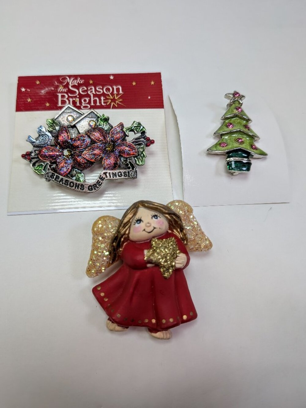Vintage Christmas Holiday Lapel Pin Brooch Lot Set of 3 Angel Tree Poinsettia